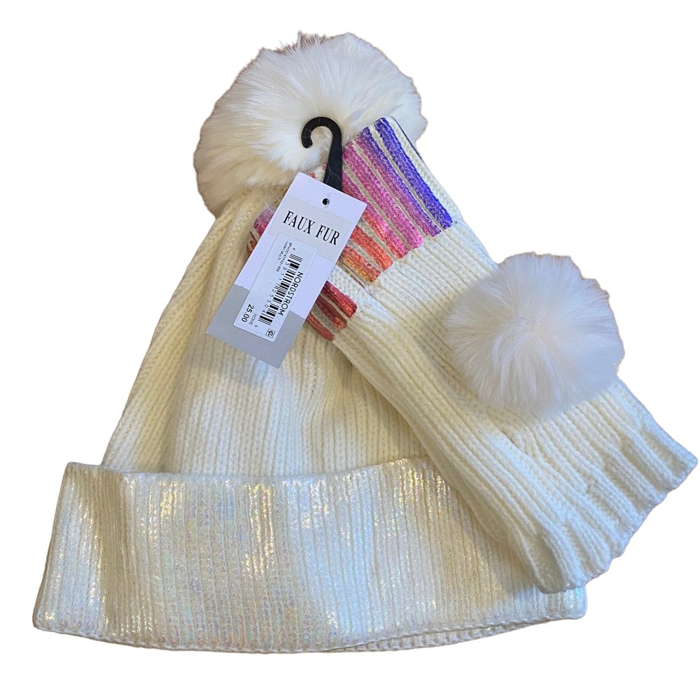 Nordstrom BP Ivory Multi Metallic Beanie Hat Glove Faux Fur Set NWT